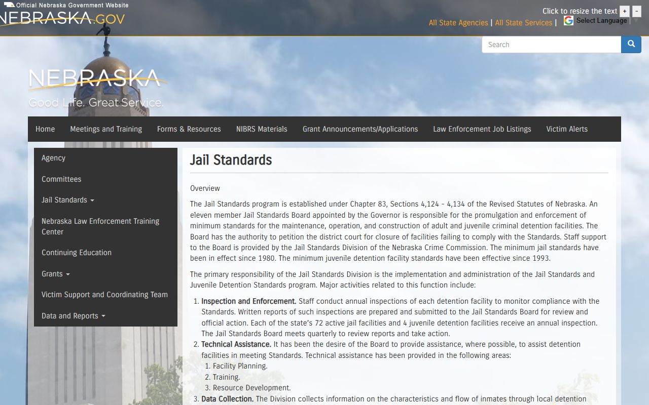 Nebraska jail standards page for Richardson County jail population rules